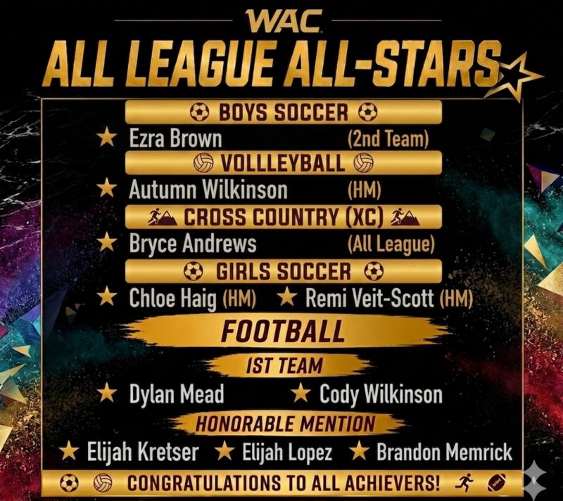 WAC All League All-Stars announcement listing athletes in Boys Soccer, Volleyball, Cross Country, Girls Soccer and Football.