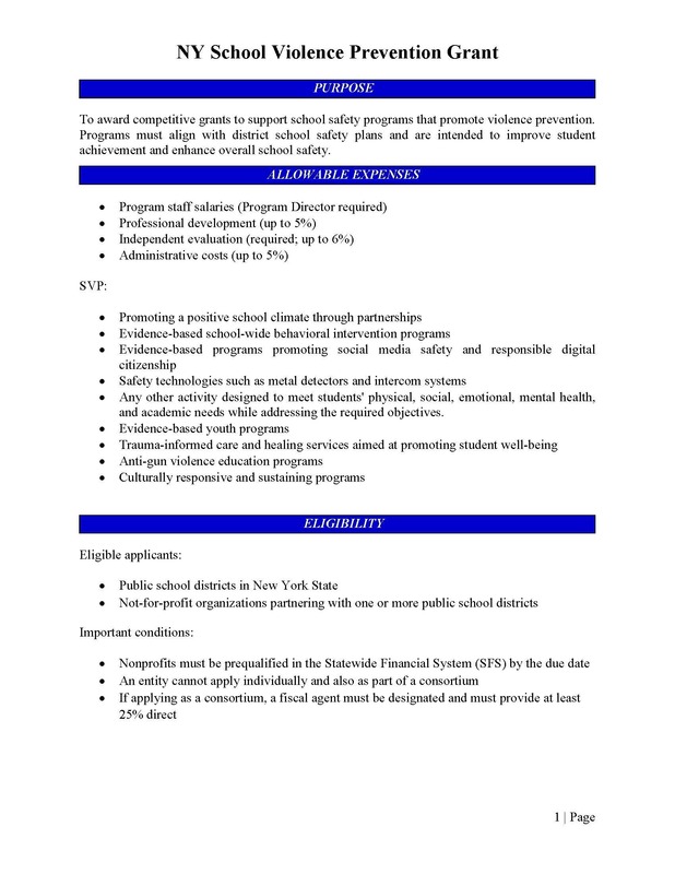 Document titled 'NY School Violence Prevention Grant' outlining purpose, allowable expenses, and eligibility.