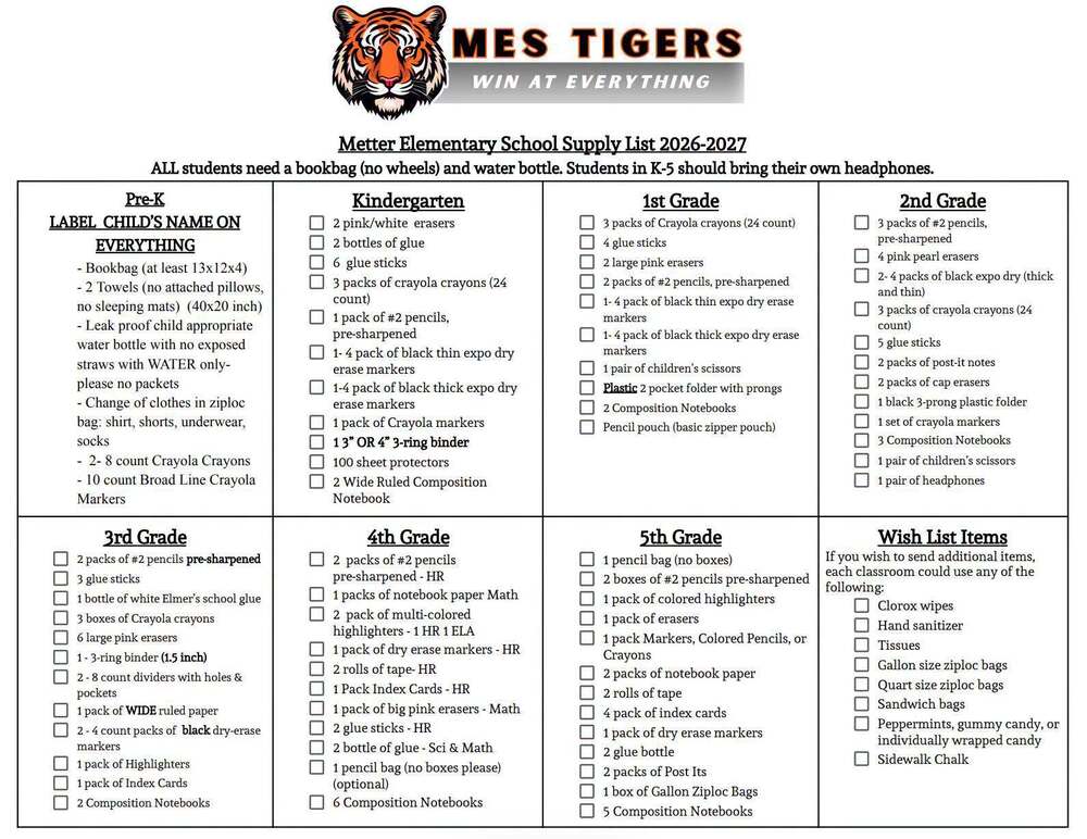 MES 26-27 School Supply List