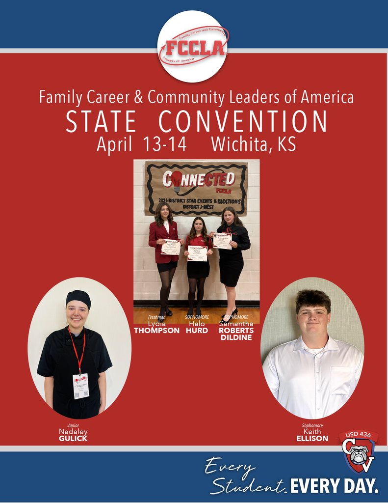 Decorative Graphic for FCCLA State Convention information. Pictured individually are Nadaley Gulick in her chef uniform for the baking/pastry division and Keith Ellison as the district J-West President. Photographed together in official Red Jackets are Lydia Thompson, Halo Hurd and Samantha Roberts Dildine. 