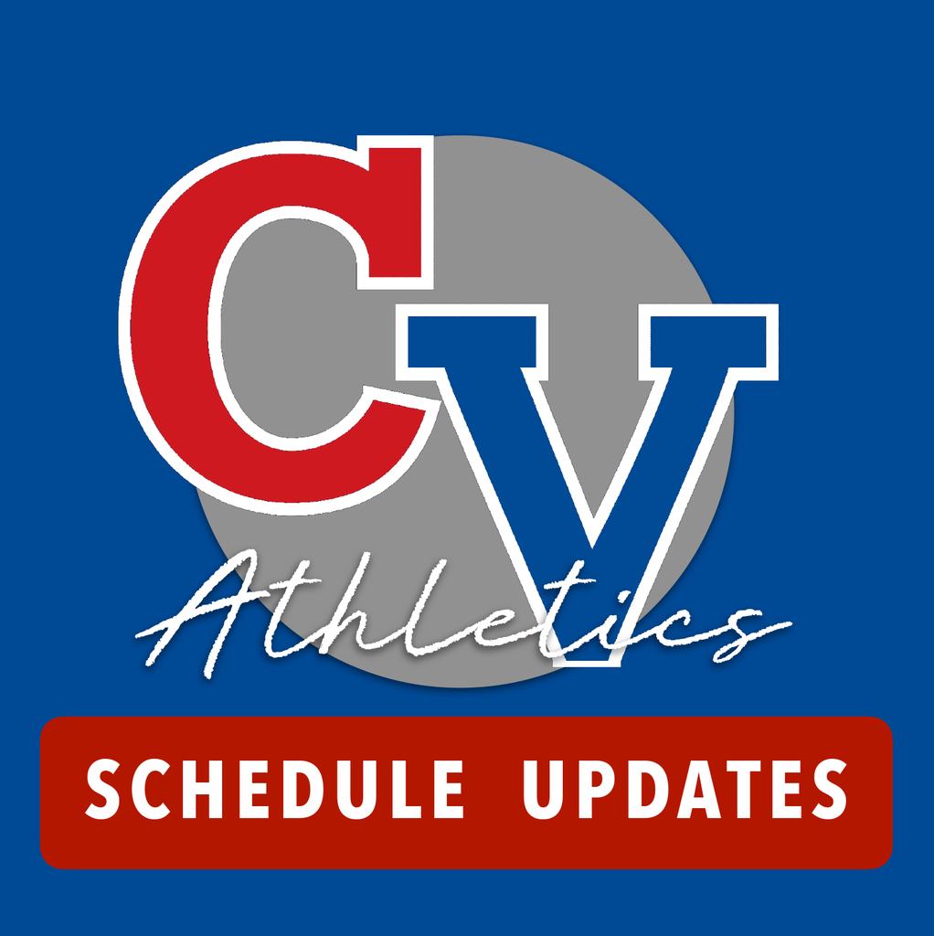 "CV" athletics logo on blue background with the text "Schedule Updates"