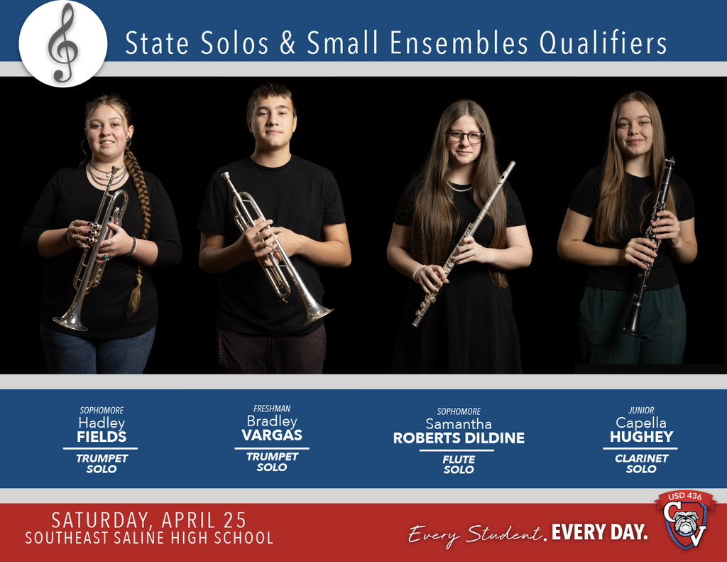 Decorative graphic containing photos of students in their dress black performing uniform holding their instruments. 