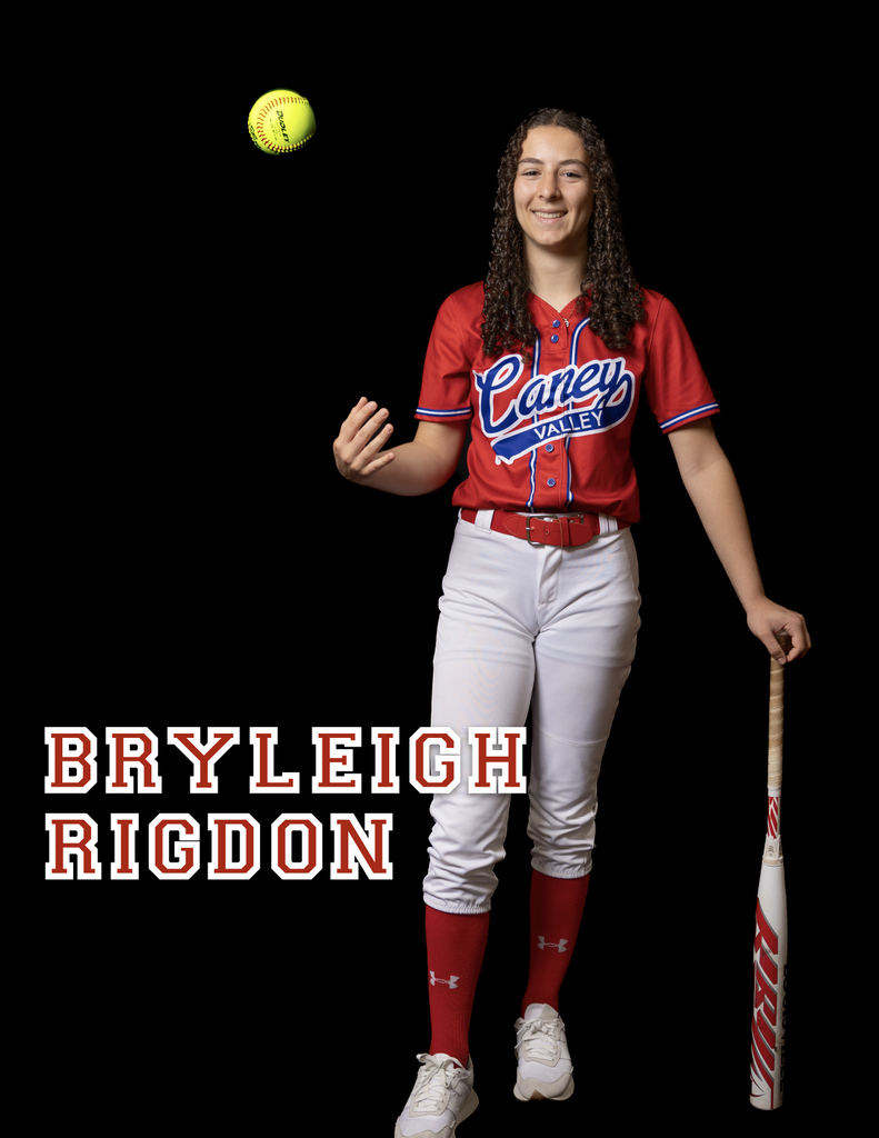 Bryleigh Rigdon tossing a ball on the air while leaning on her bat