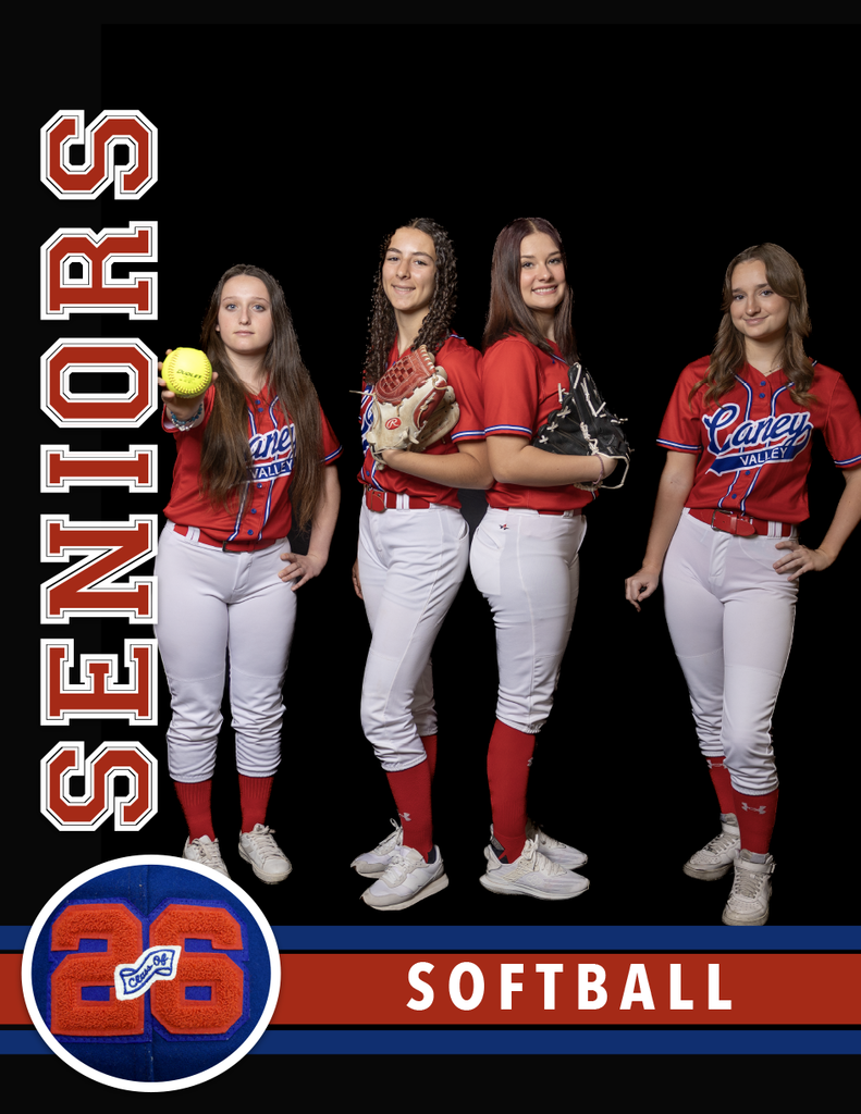 Group photo of four senior girls in various casual poses and their softball uniforms. Irsa is leaned forward holding out a softball, Bryleigh and Kolbi stand back to back with their gloves at their chest, and Julie is leaned against her bat with her hand on her hip. The text "Seniors Softball" with an image of a Class of 26 letterman patch is also in the design