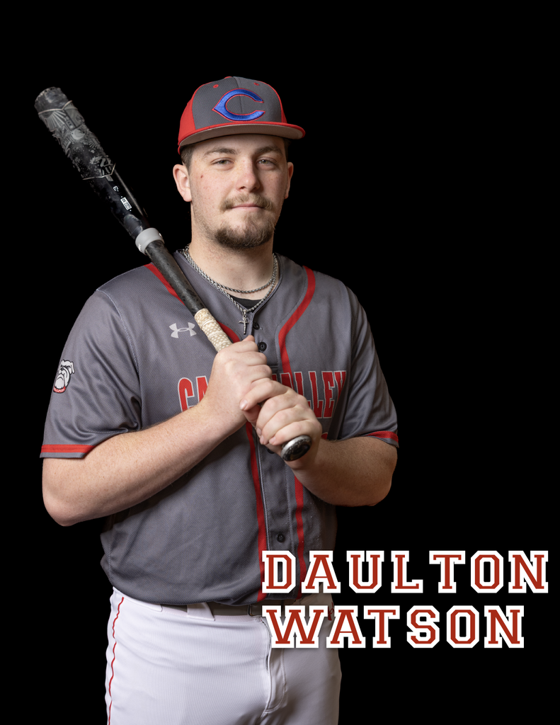 Daulton Watson with baseball bat casually posed over his shoulder. 