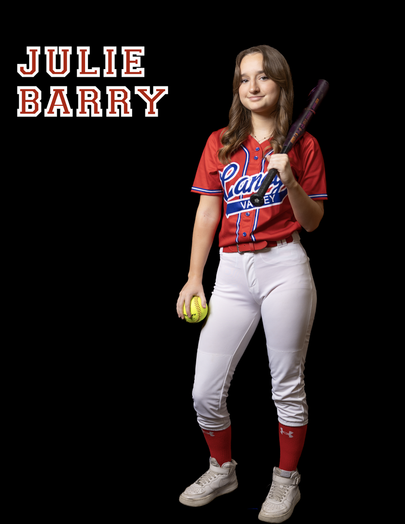 Julie Barry holding a bat over her shoulder and ball resting on her thigh