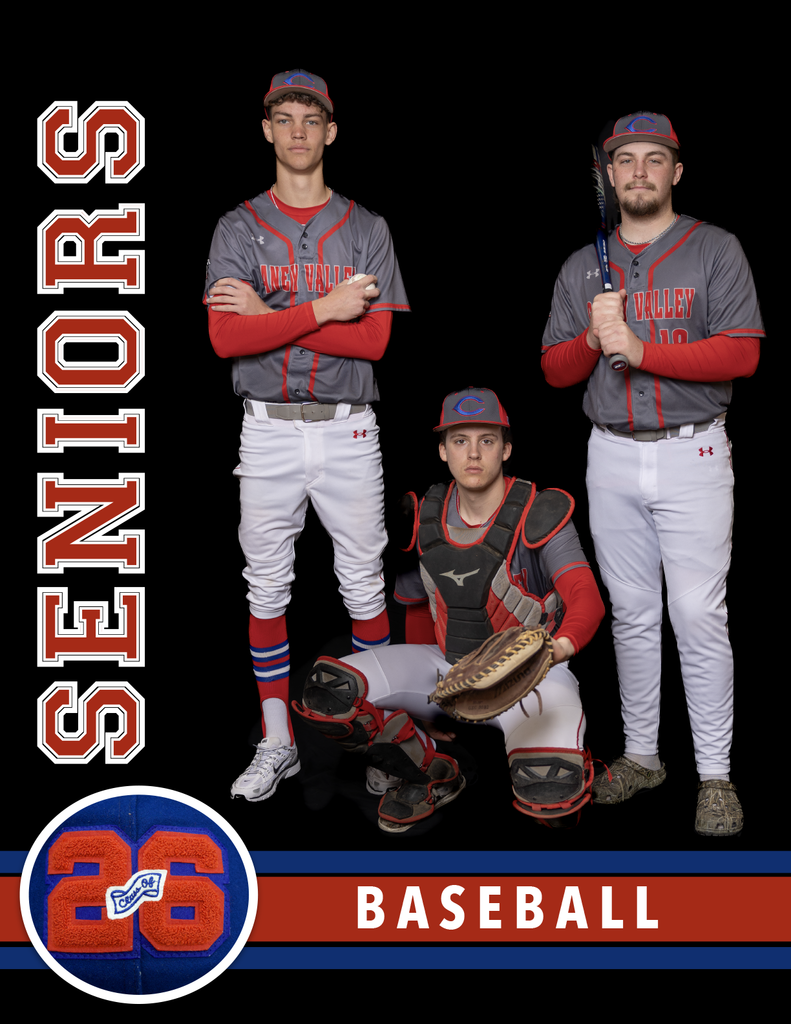 Group photo of senior baseball players. Payton stands with his arms crossed over his chest, Daulton is holding bat over his shoulder. Gauge is in a catcher position with his glove up between the other two boys