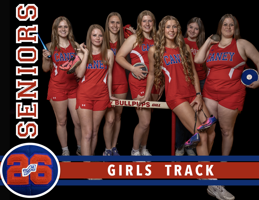 Girls track team posed in various casual poses in their track uniforms holding implements, shoes, batons, etc. 