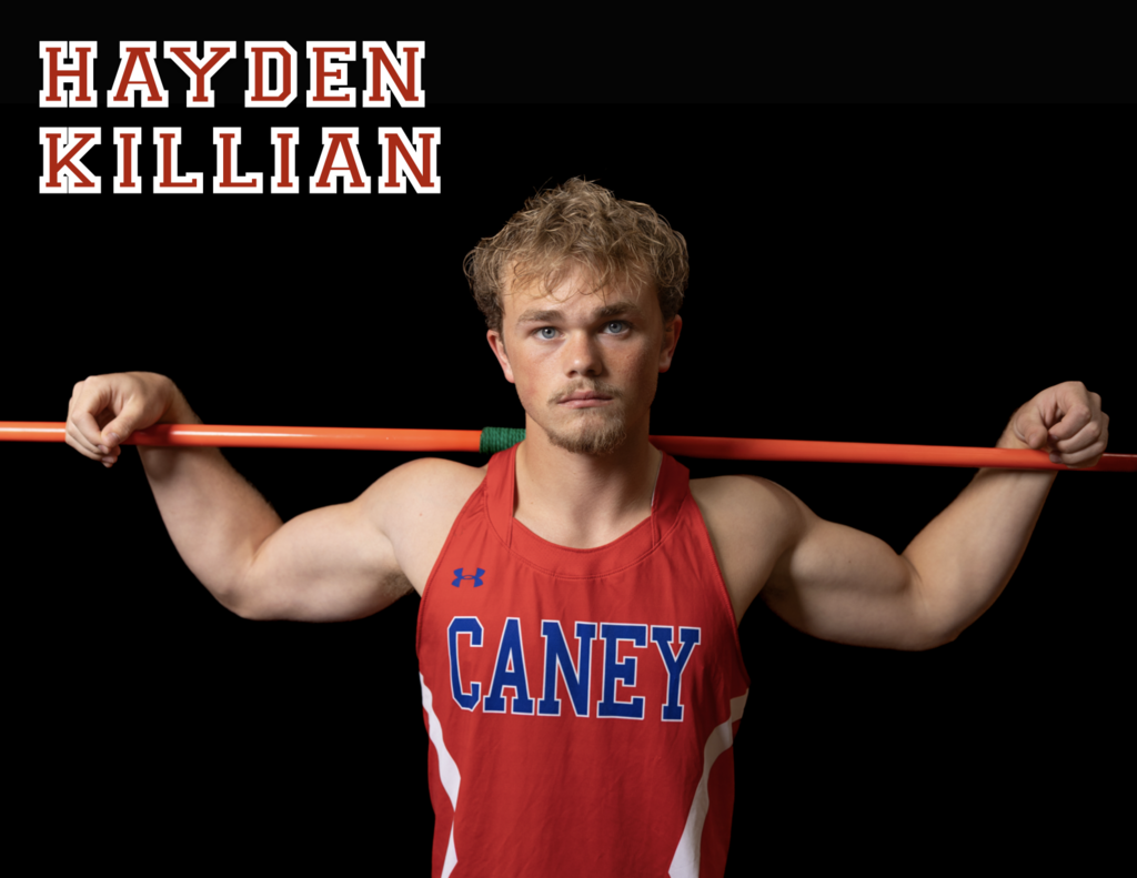 Hayden Killian with a javelin behind his head resting arcoss both shoulders, arms flexed