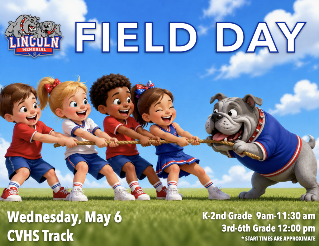 Cartoon Image of Children dressed in school colors playing tug of war with a bullpup. 