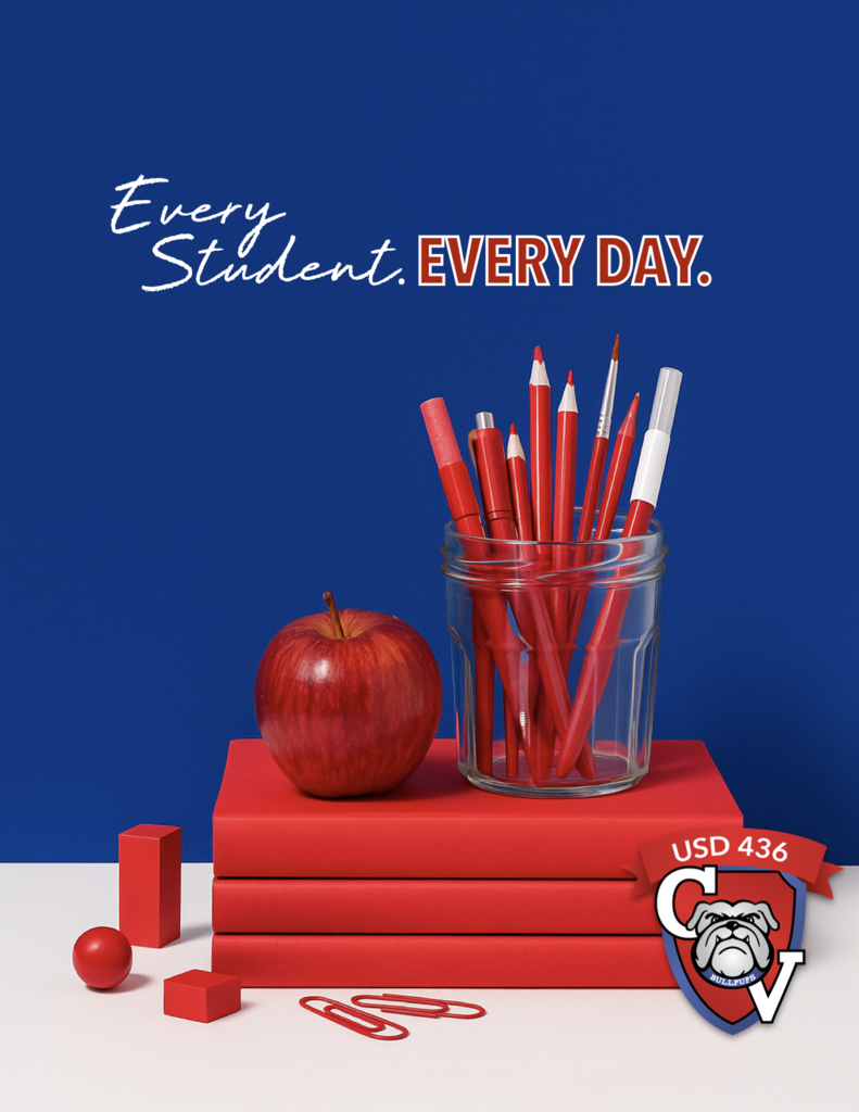 Red books stacked with a red apple and clear mason jar full of assorted red writing utensils/paint brushes and markers. Red paper clips are on the white table top that the books are stacked on along with red building blocks. The background is royal blue with the "Every Student. Every Day." logo and Caney Valley shield logo. 