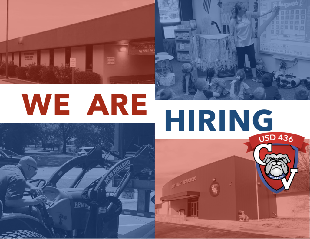 Decorative Graphic featuring four squares: Front image of Lincoln, Teacher standing in front of kindergarten students teaching, Maintenance department operating a small tractor, and front of CVHS. Text says "We are Hiring"
