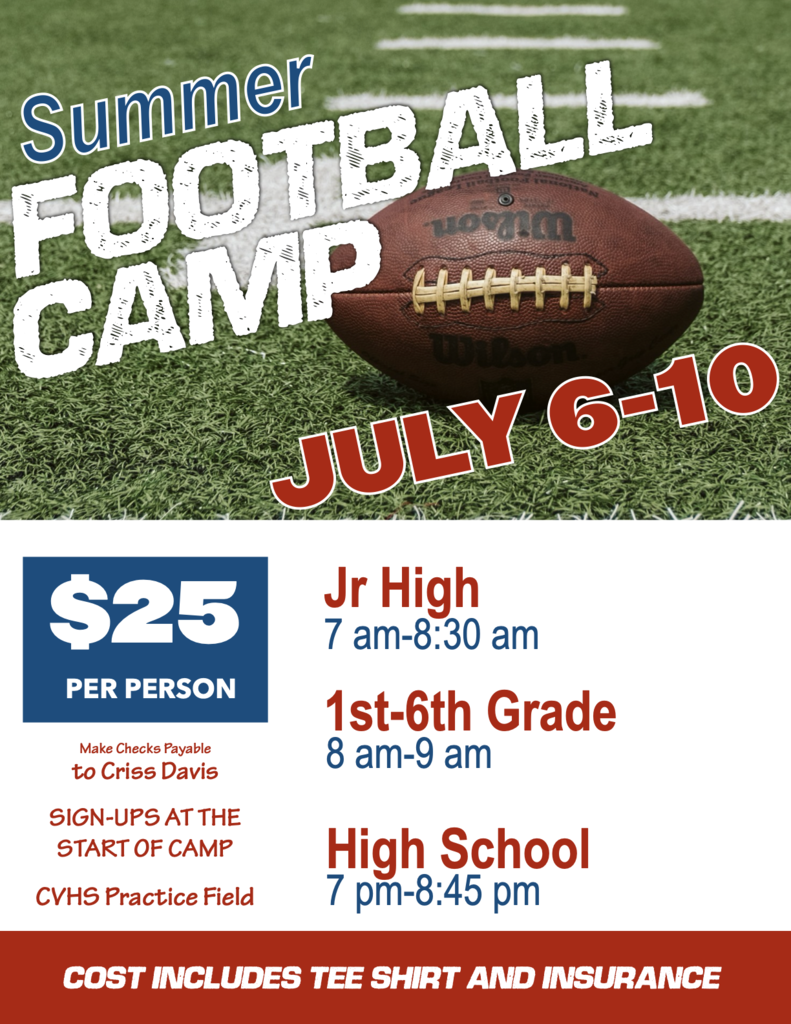 Football Camp decorative graphic. Image is football on football field. Text reads: Summer Football Camp July 6-10. $25 per person, make checks payable to Criss Davis. Sign ups at the start of camp at the CVHS Practice field. Jr High 7-8:30 am, 1st-6th grade 8-9 am, High School 7-8:45 pm. Cost includes tee shirt and insurance.