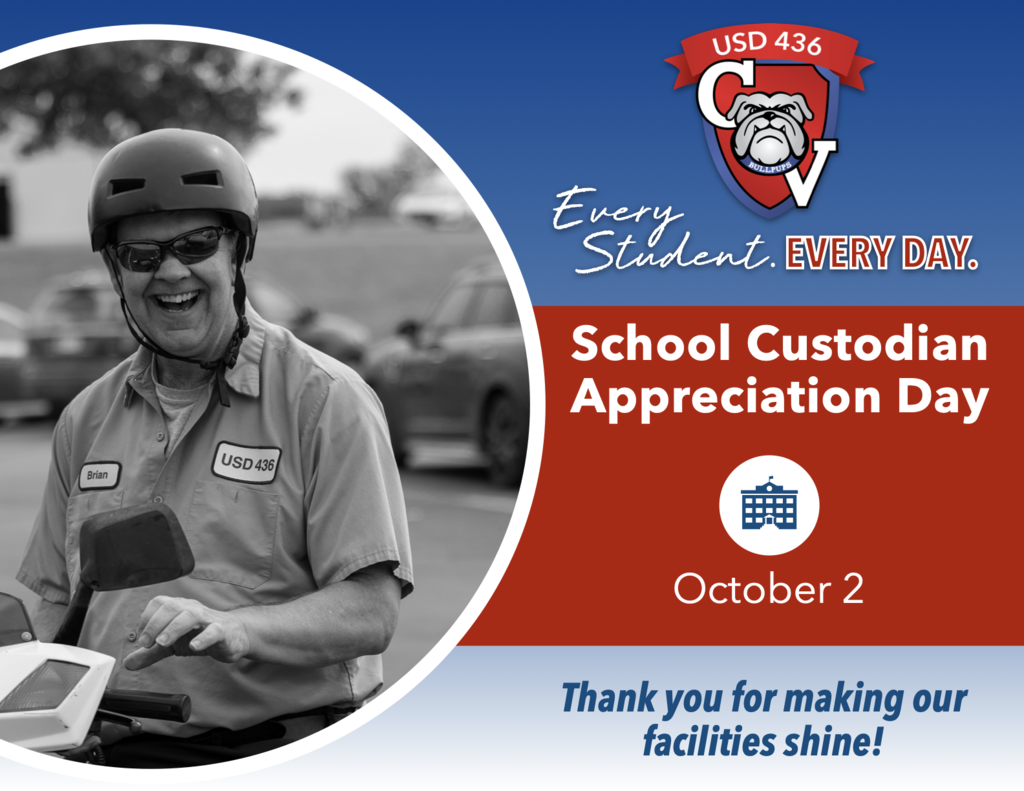 Decorative Graphic for School Custodian Appreciation Day. Blue gradient background with a red stripe across the center of the image. On the right side of the page, is the Every Student Every Day logo above the red stripe. Below that, inset in the red block, white text says "School Custodian Appreciation Day, October 2" with a school building Icon. Bottom text says "Thank you for making our facilities shine!" Left side of graphic has a Photo inset in a circle featuring custodian Brian Orcutt smiling at the camera as he leaves work on his moped with his helmet on.