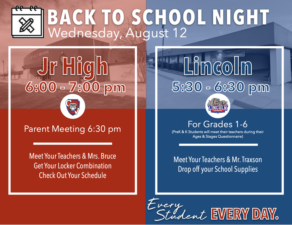 Back to School Night announcement for Wednesday, August 12. The graphic is divided into red and royal blue sections. The Jr High event is from 6:00–7:00 p.m., with a parent meeting at 6:30 p.m.; students can meet teachers, get locker combinations, and check schedules. Lincoln’s event is from 5:30–6:30 p.m. for grades 1–6; students can meet teachers and drop off school supplies. Pre-K and kindergarten students will meet teachers during their Ages & Stages questionnaire. The graphic includes school logos and the “Every Student. Every Day.” district slogan.