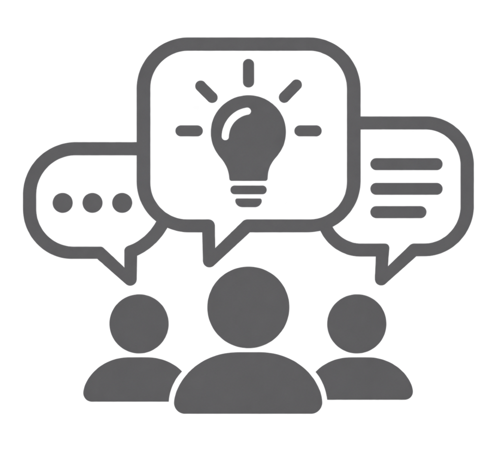 Icons of Three people beneath overlapping speech bubbles featuring a lightbulb, dots, and lines, symbolizing collaboration, shared ideas, and common priorities.