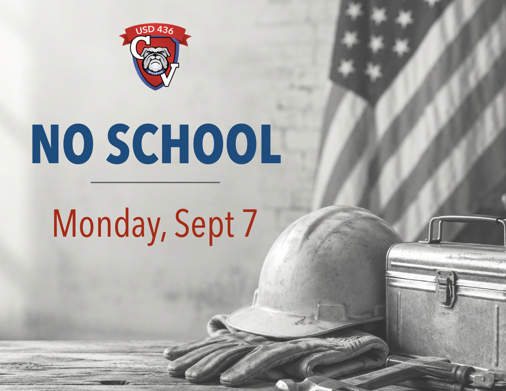 Black-and-white image of a hard hat, work gloves, metal toolbox, and hand tools resting on a wooden workbench, with an American flag in the background and open space on the left for text. Text reads: No School Monday, Sept 7