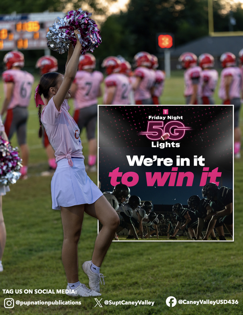 Image of Cheerleaders on the sidelins with pink and silver poms wearing a pink shirt and white skirt. In the background, football team members are on the sidelines in their pink out jerseys. There is an inset image of the TMobile "Friday Night 5G Lights--We're in it to Win it." Instructions say tag us on social media.