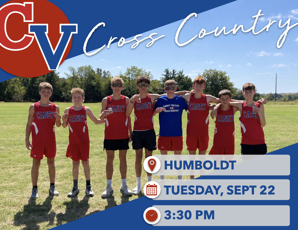 Graphic promoting Caney Valley Cross Country at Humboldt on Tuesday, September 22, at 3:30 p.m. Eight Bullpup runners pose together on a sunny grassy field.