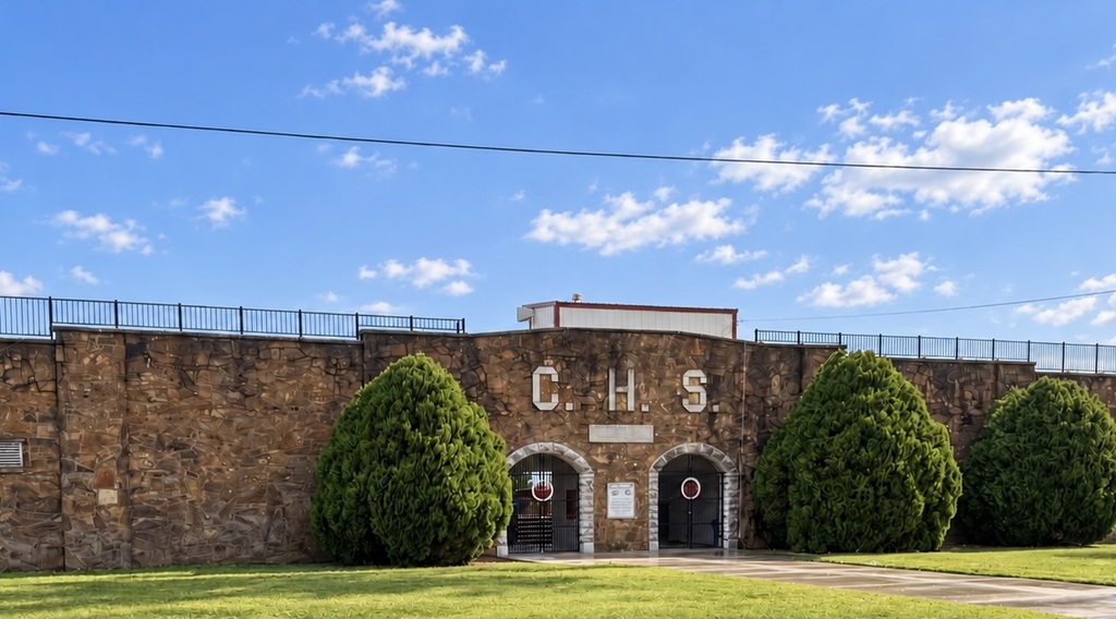 Photo of the historic stadium and front lawn with blue sky overhead.