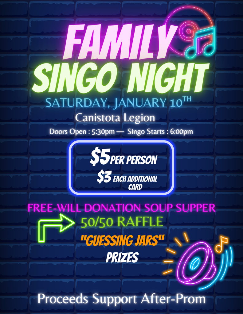Family Singo Night at the Canistota Legion. Saturday, January 10th, 2026. 