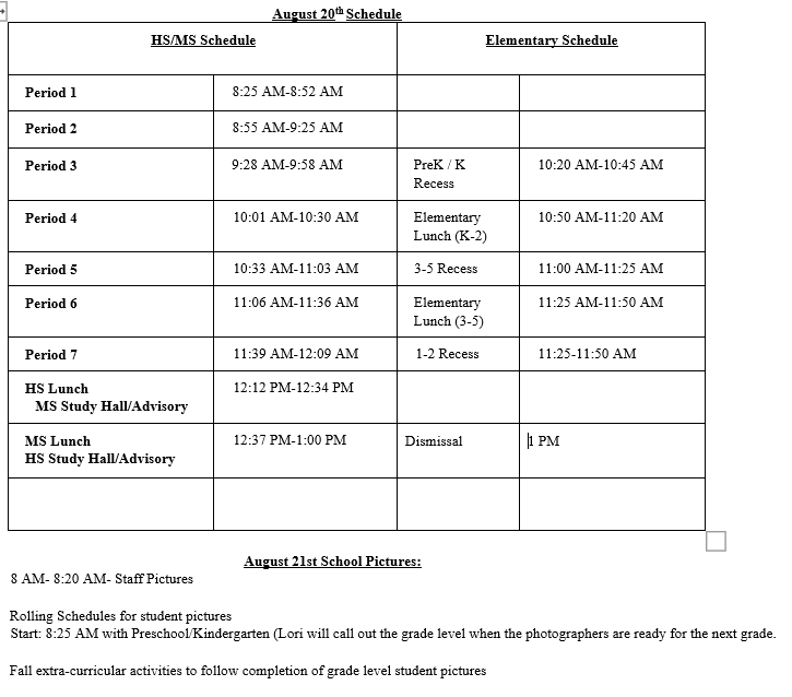 Canistota School District FIrst Day Schedule 26-27-Aug 20th