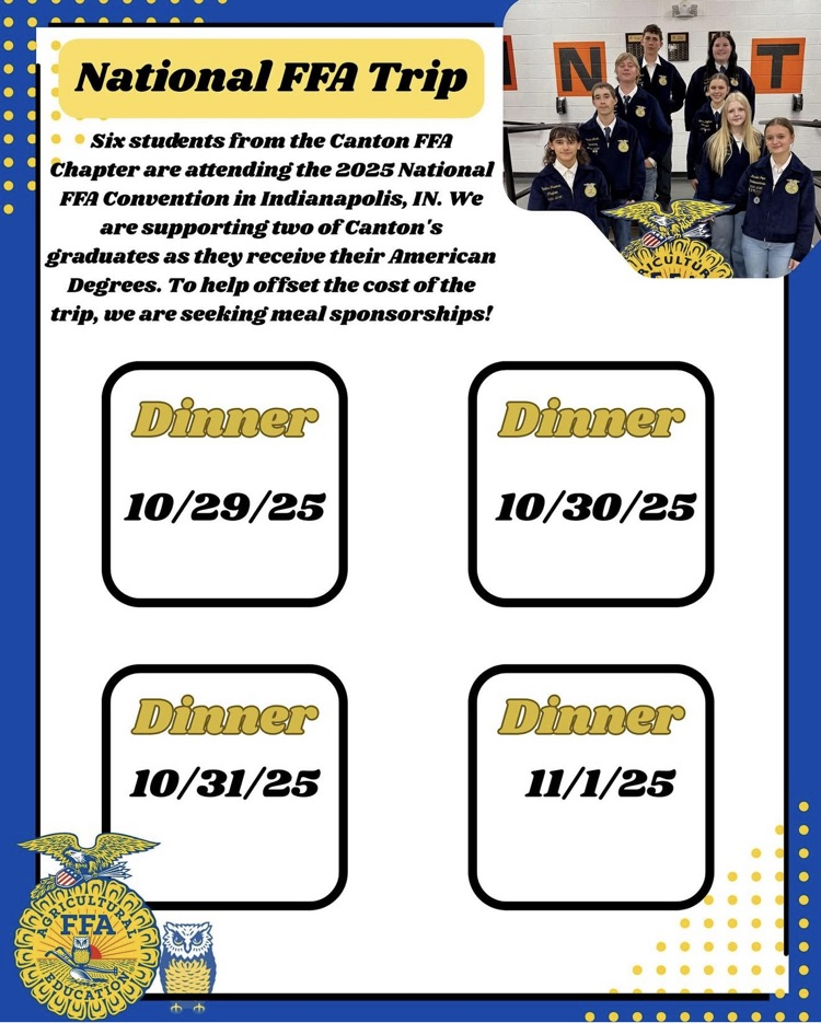We’re looking for generous sponsors to help support four FFA dinners during the upcoming National Convention. Your contribution will make a meaningful difference for our chapter!