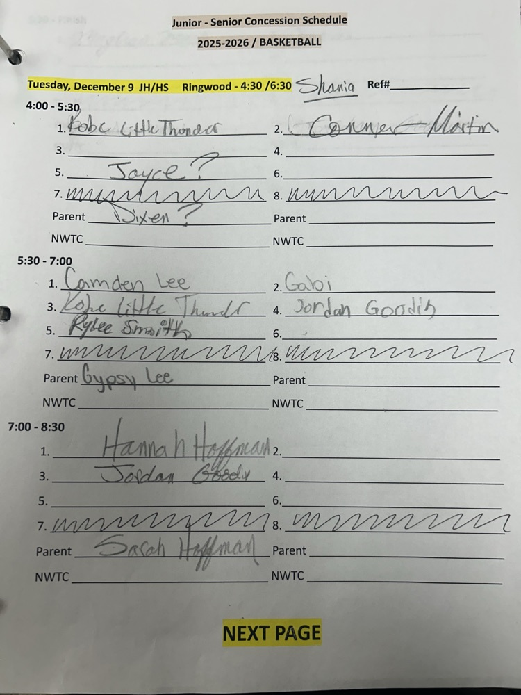 Tuesday, December 9 - JH/HS Ringwood