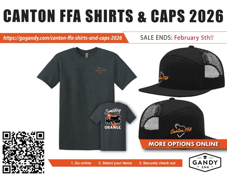 Canton FFA Shirt, Hoodie, and Cap orders are due Thursday 2/5/26.