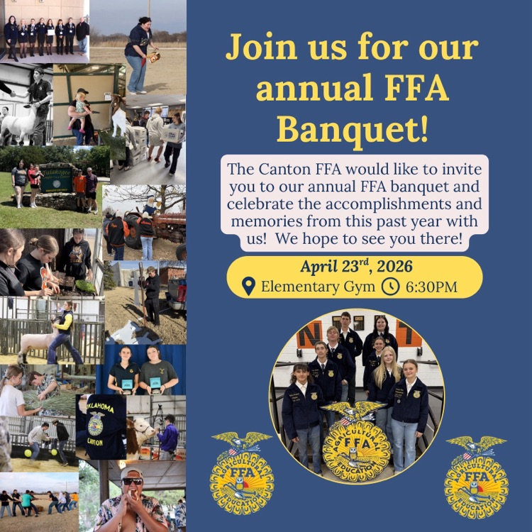 The Canton FFA invites you to join us for our annual banquet on April 23rd, 2026 at 6:30PM!! We hope to see you there💙🌾