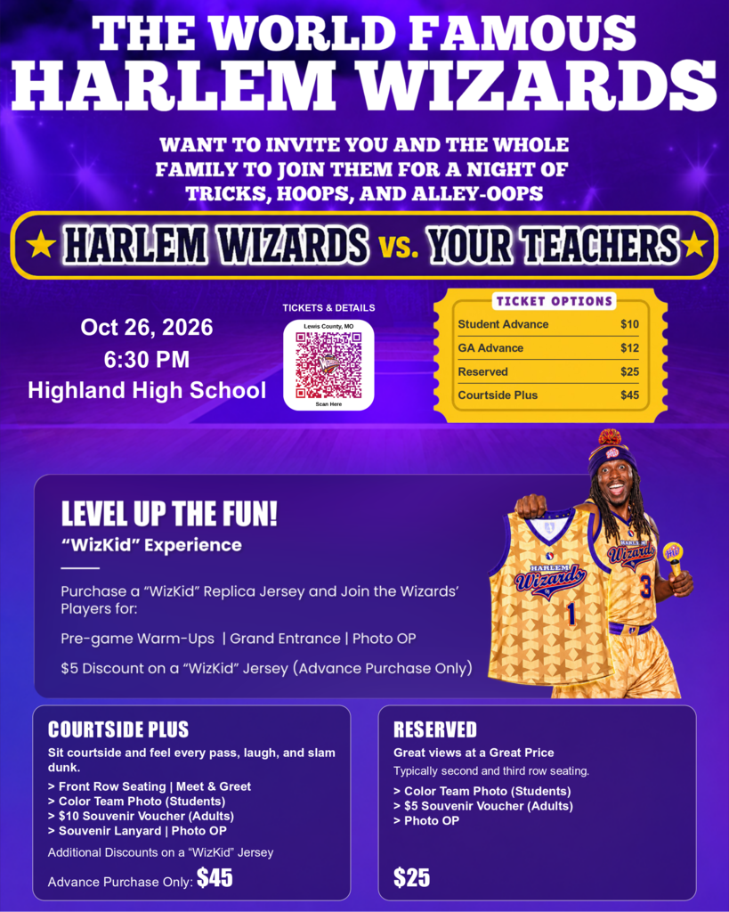 Purple and gold flyer advertising the Harlem Wizards vs. Your Teachers basketball game on October 26, 2026, at 6:30 p.m. at Highland High School. Tickets range from $10 to $45.