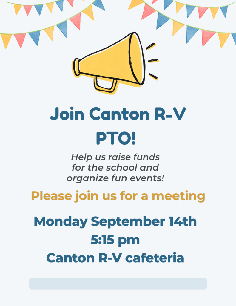 PTA meeting flyer for Canton R-V with meeting details for September 14 at 5:15 p.m. in the Canton R-V cafeteria.