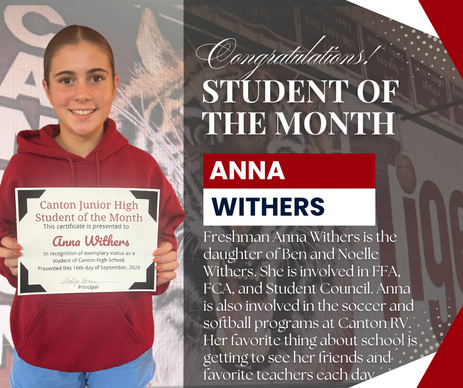 “September Student of the Month Anna Withers holds her Canton Junior High Student of the Month certificate and smiles for the camera.”
