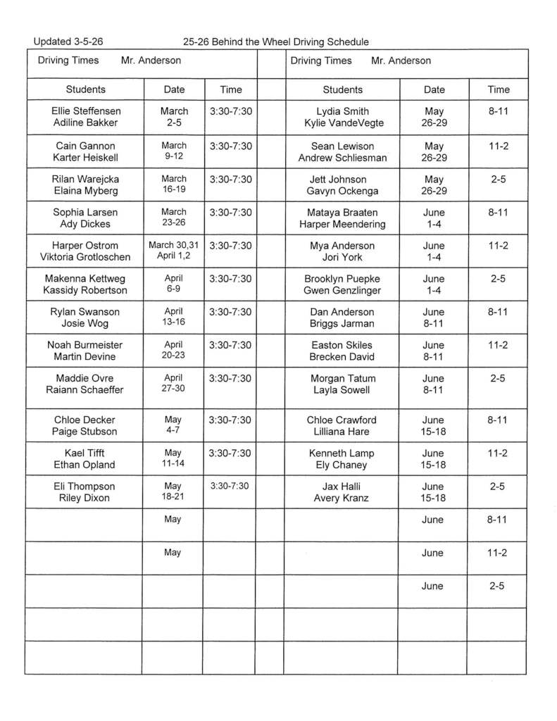 Driver's Ed Driving Schedule Updated