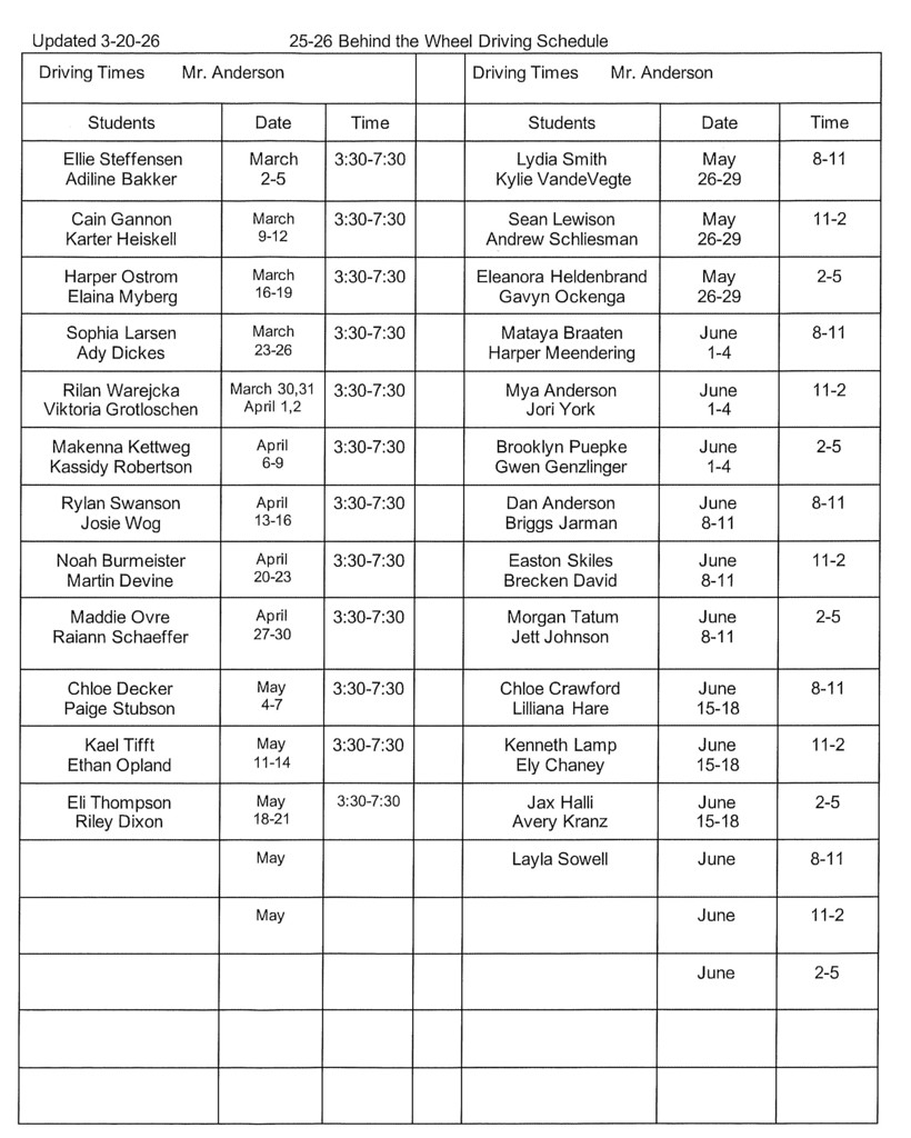 Drivers Ed Schedule