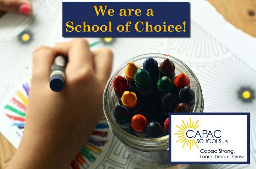 Hand coloring with crayons with school logo and text We a re a School of Choice