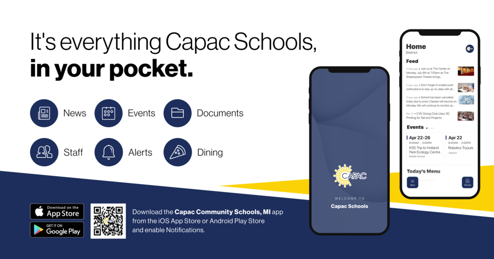 Graphic with phones and QR code for Capac Community Schools App