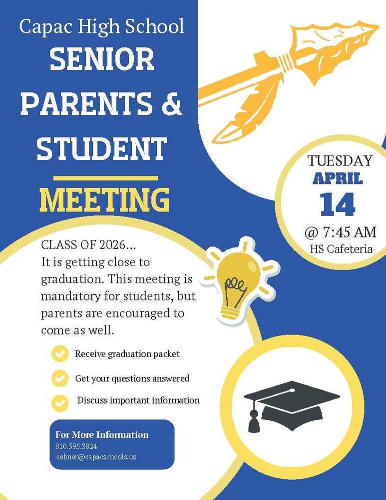 Flyer announcing Senior Parent and Student Meeting on April 14th 