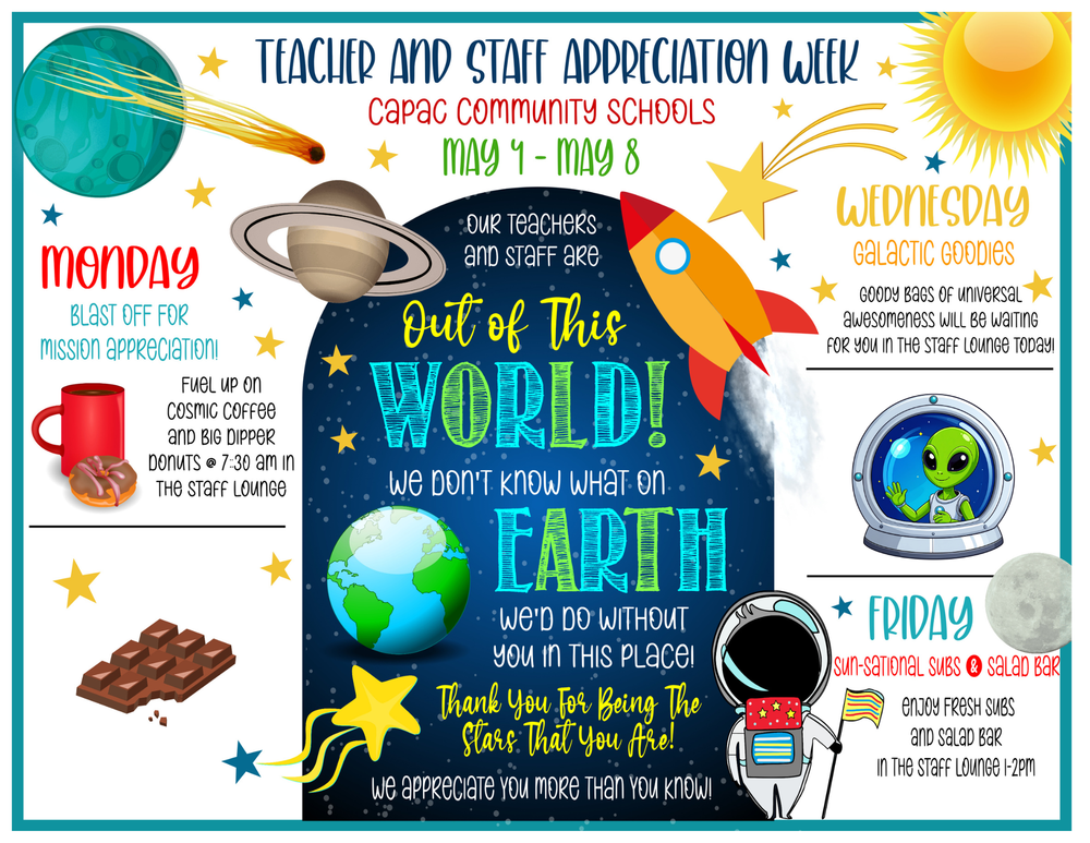 Graphic with space theme announcing Teacher and Staff Appreciation Week