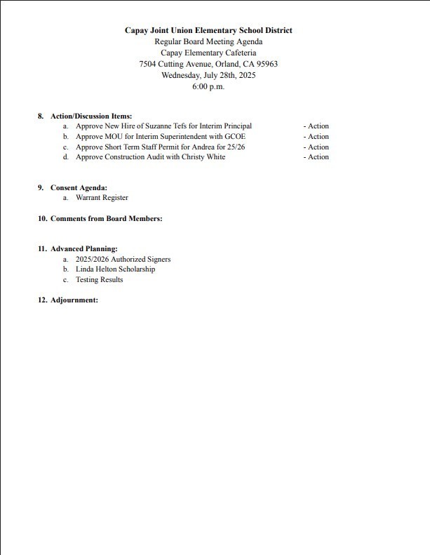 July 28, 2025 Board Agenda