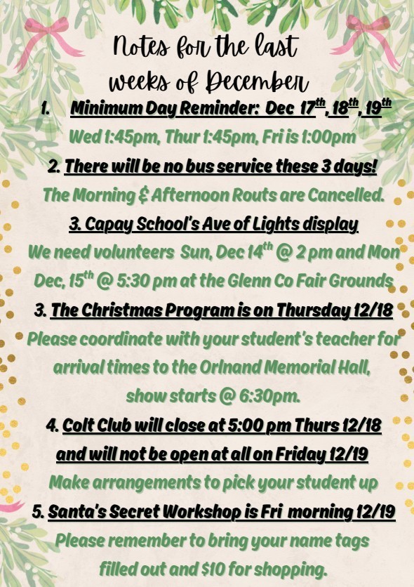 Note's for the last week of Dec