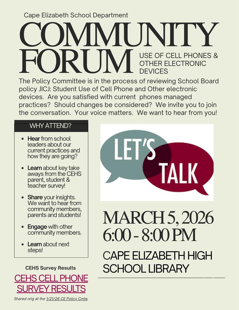 March 5 Community Forum - Use of Cell Phones and Other Electronic Devices