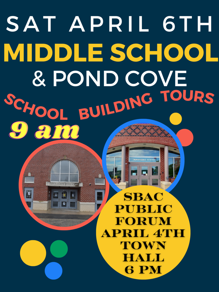 blue poster about the school building tour on 4.6.24 and public forum on 4.4.24