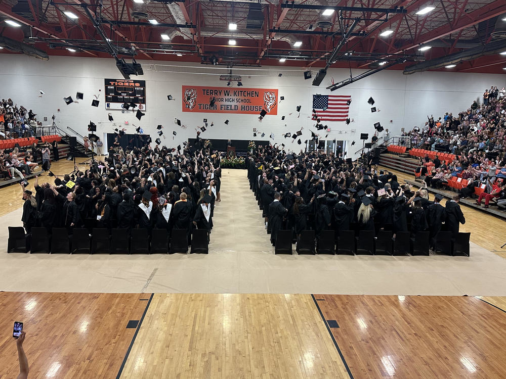 Graduation picture of students throwing caps in the air