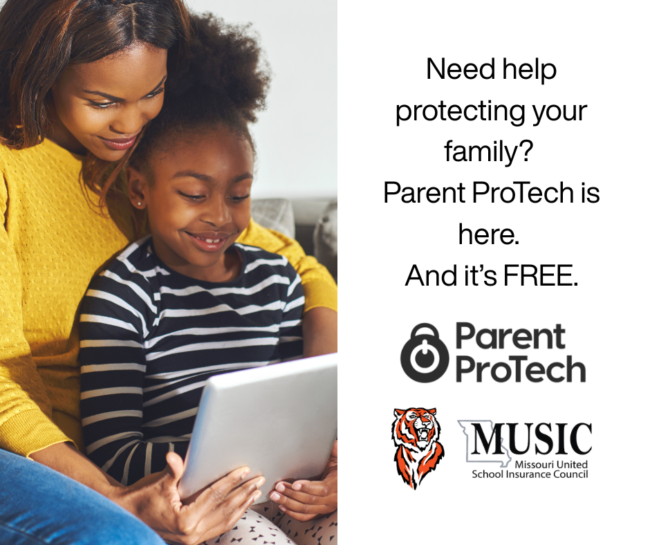 Parent Pro Tech post image that states, "Need help protecting your family? Parent Pro Tech is here. And it's FREE." with company's, the district, and sponsoring school insurance company logos. Also has an image of a woman and a child looking at a tablet.