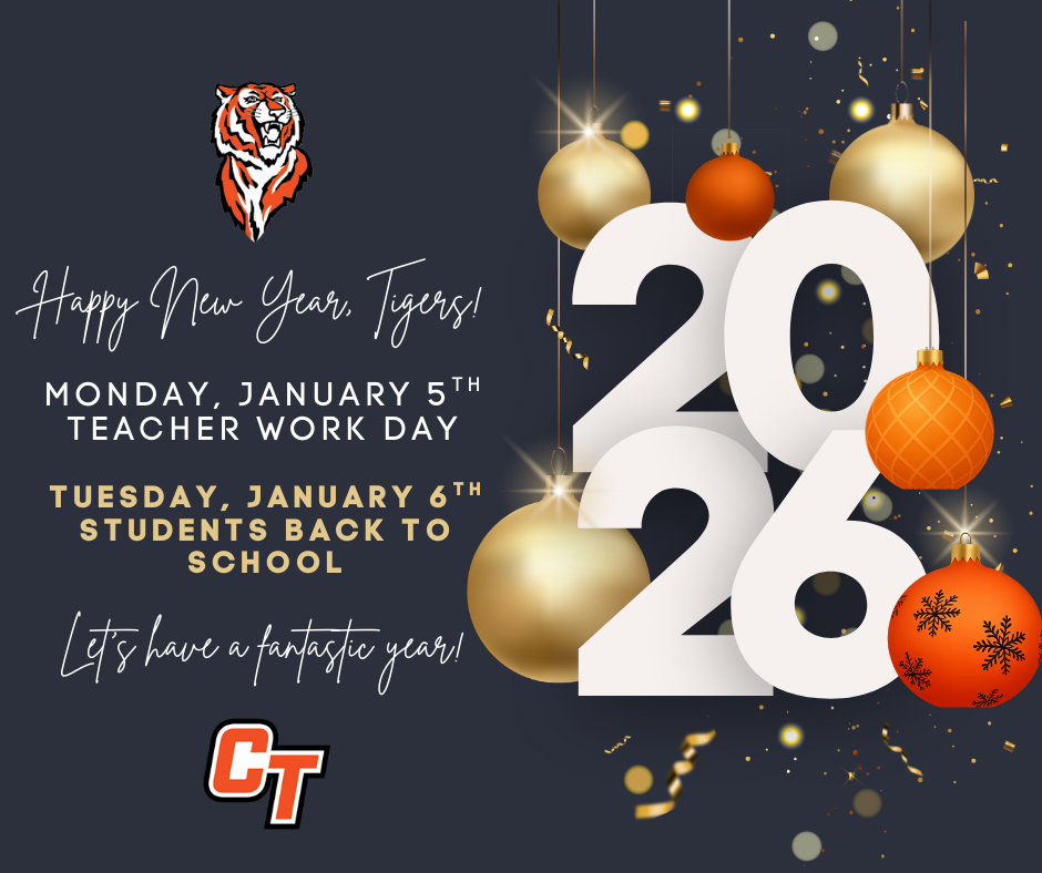 A Happy New Year message that includes the Cape Public Schools Tiger mascot along with information about Monday, January 5 being a teacher work day and Tuesday, January 6 being the first day students are back in schooly