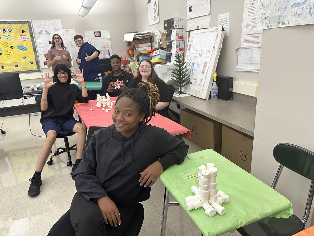 Entrepreneurship class with marshmallow towers