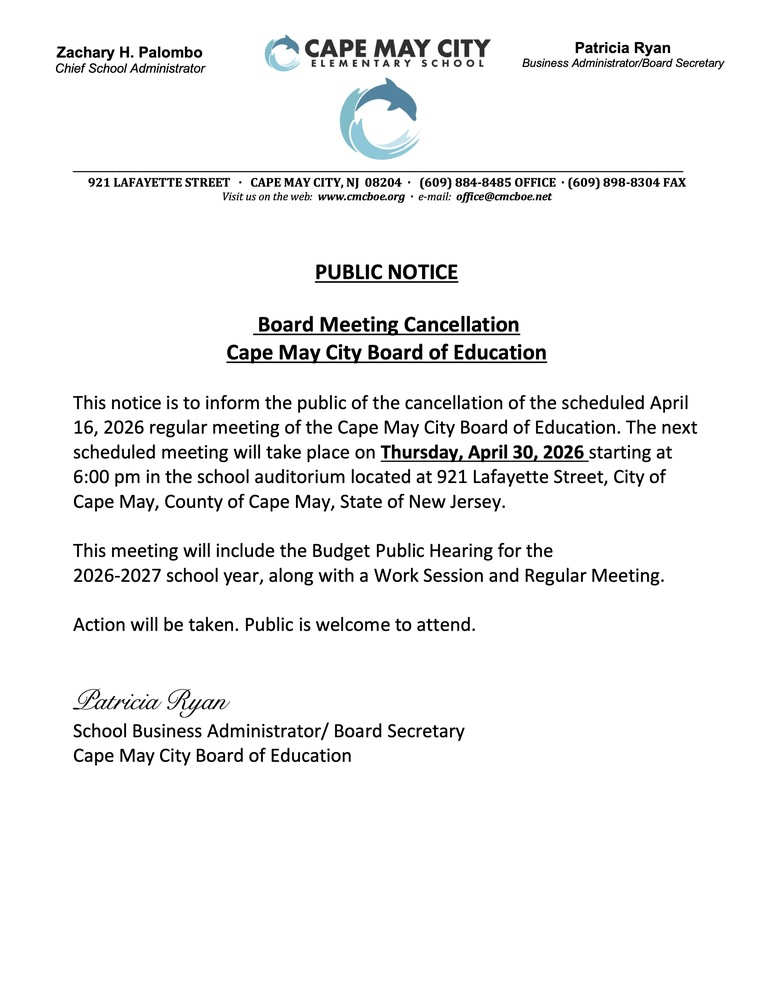 4/16/26 BOE Meeting moved to 4/30/26
