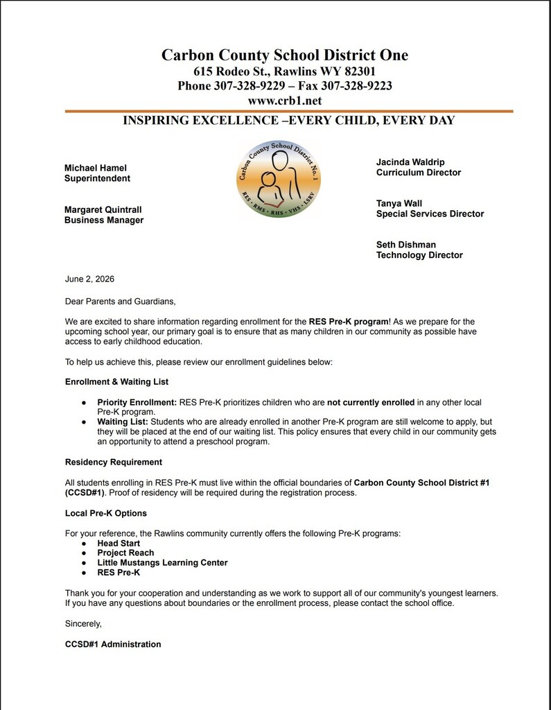 RES Pre-K Informational Letter for 2026-2027 School Year