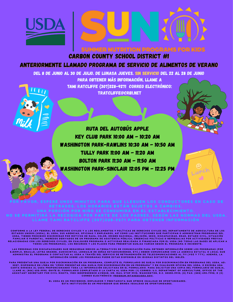 Anteriormente llamado programa de servicio de almentos de verano. Del 8 de Junio al 30 de Julio. De Lunasa Jueves. Sin Servicio del 22 Al 28 de Junio. Para Obtener mas informacion, llame a Tami Ratcliffe (307)328-9271